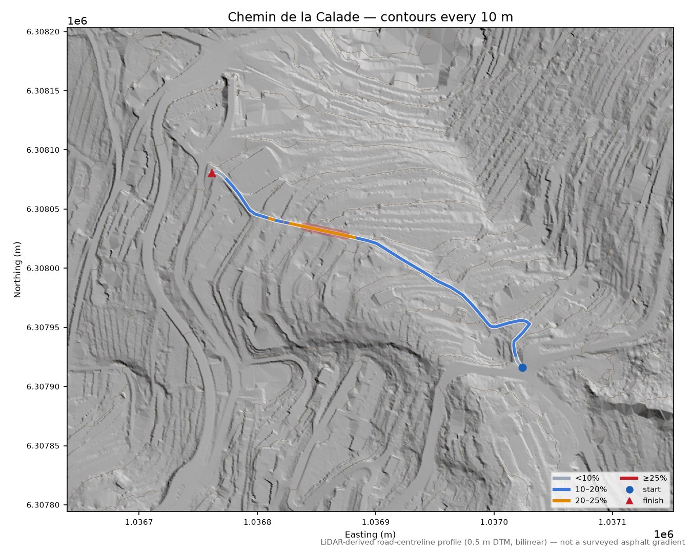 Chemin de la Calade LiDAR hillshade map with contours