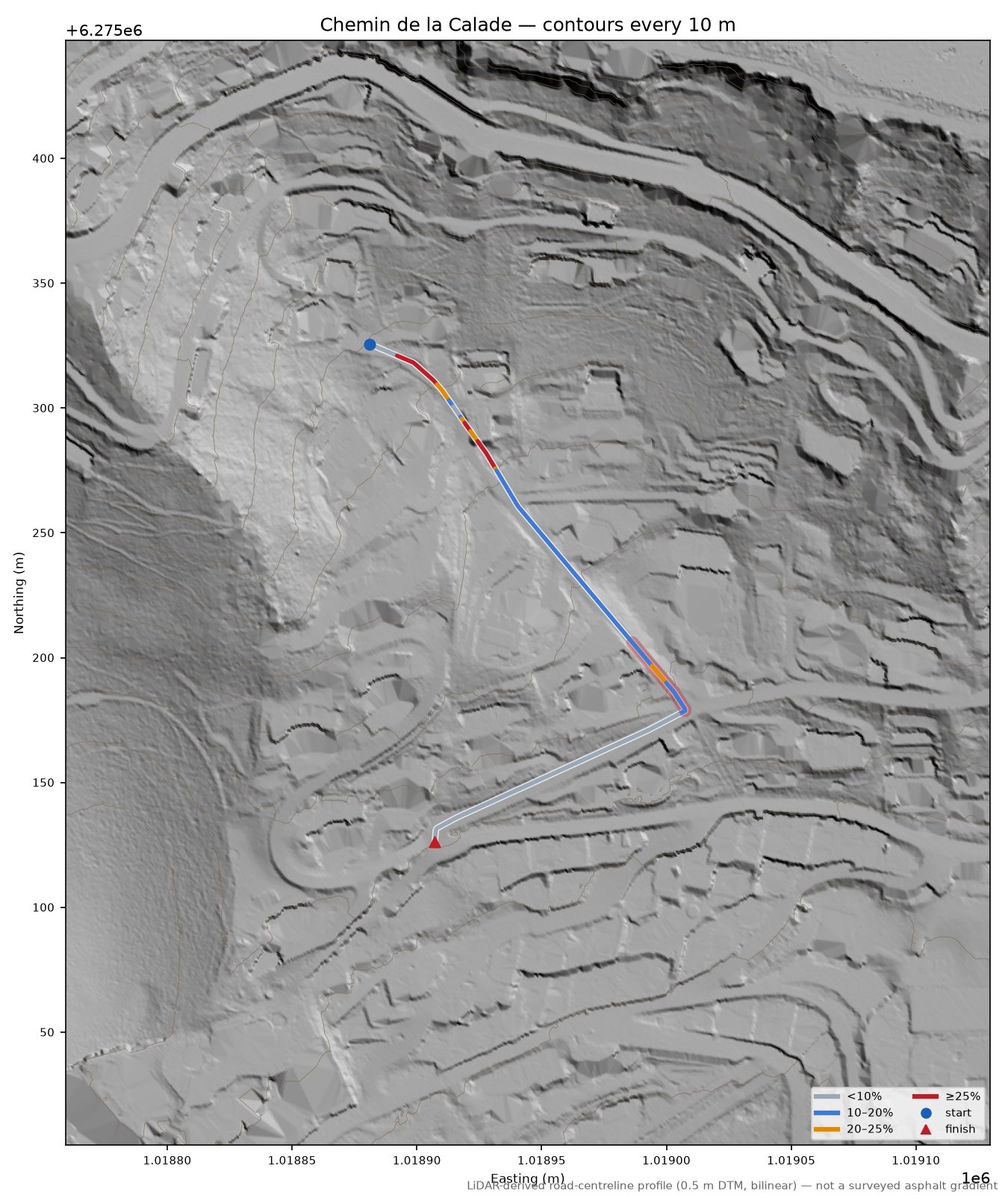 Chemin de la Calade LiDAR hillshade map with contours