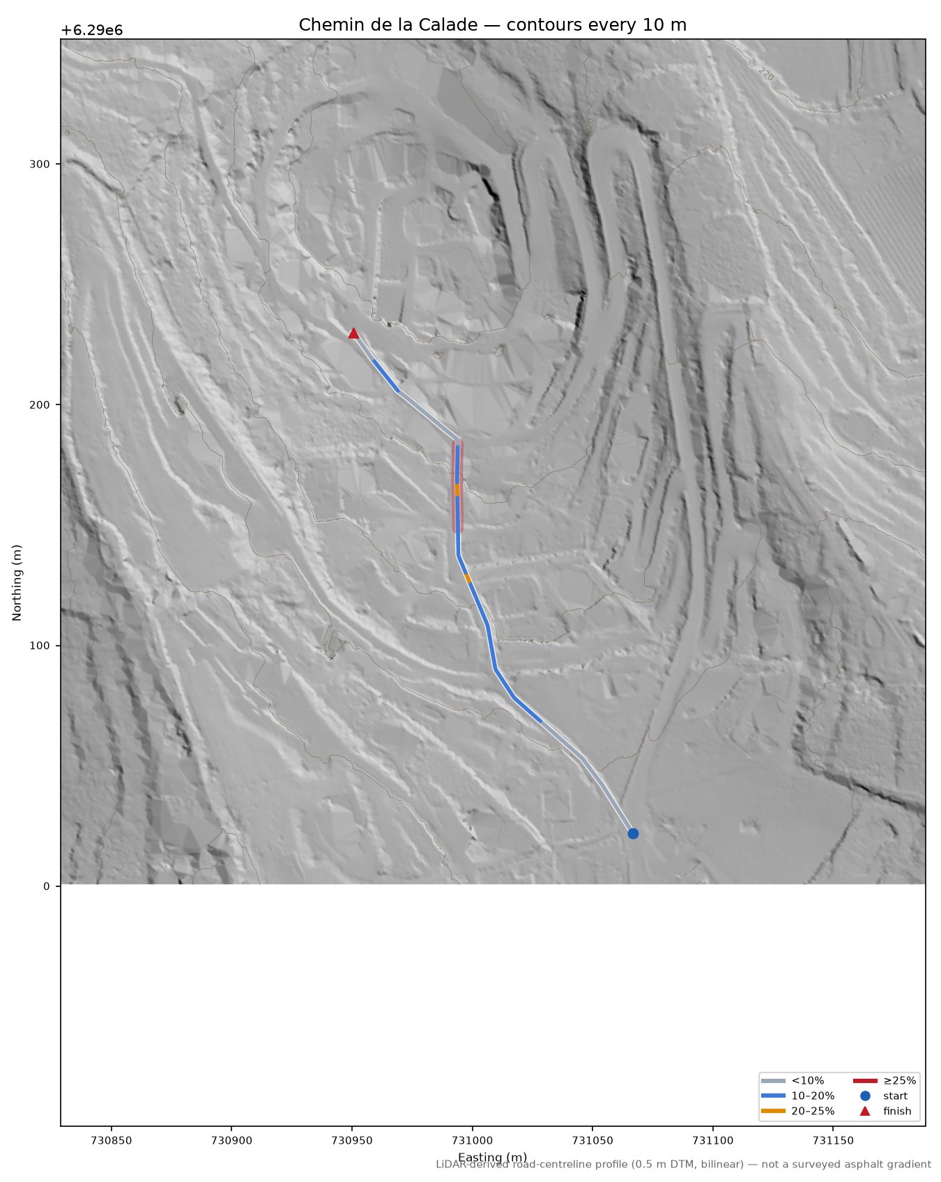 Chemin de la Calade LiDAR hillshade map with contours