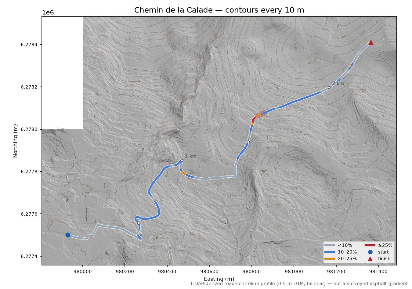 Chemin de la Calade LiDAR hillshade map with contours
