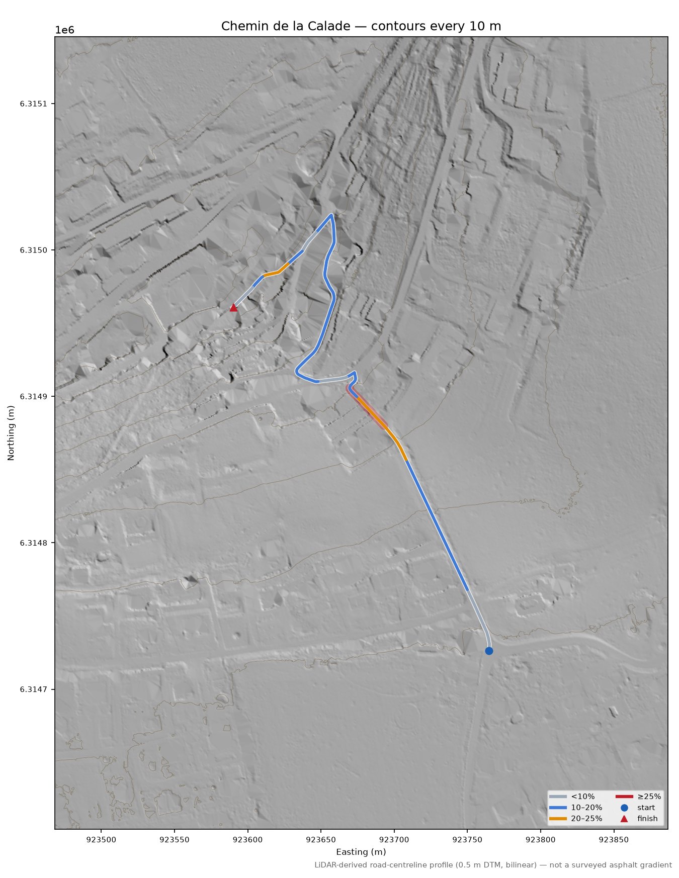 Chemin de la Calade LiDAR hillshade map with contours