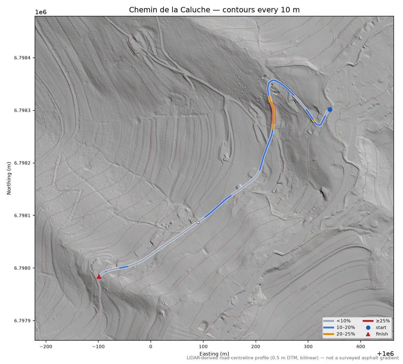 Chemin de la Caluche LiDAR hillshade map with contours