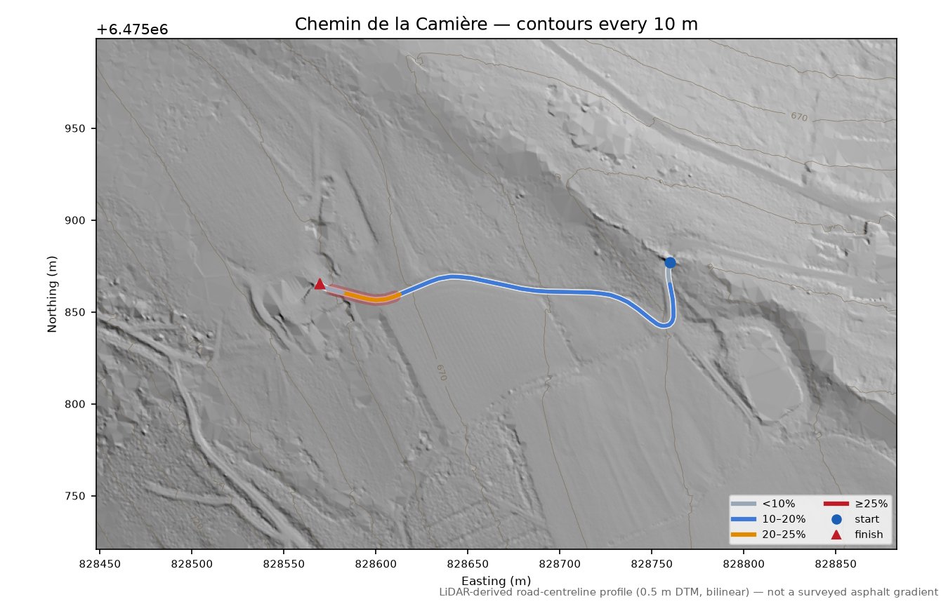 Chemin de la Camière LiDAR hillshade map with contours