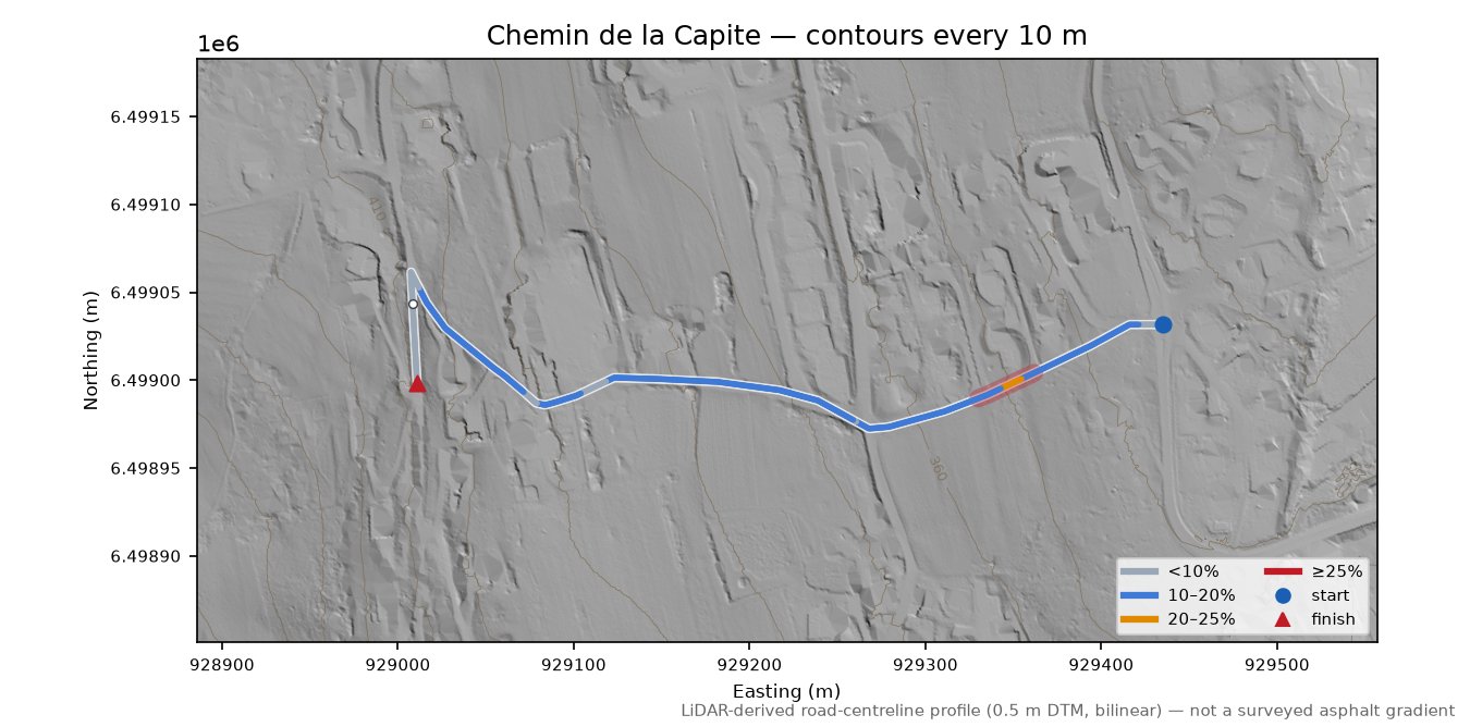 Chemin de la Capite LiDAR hillshade map with contours