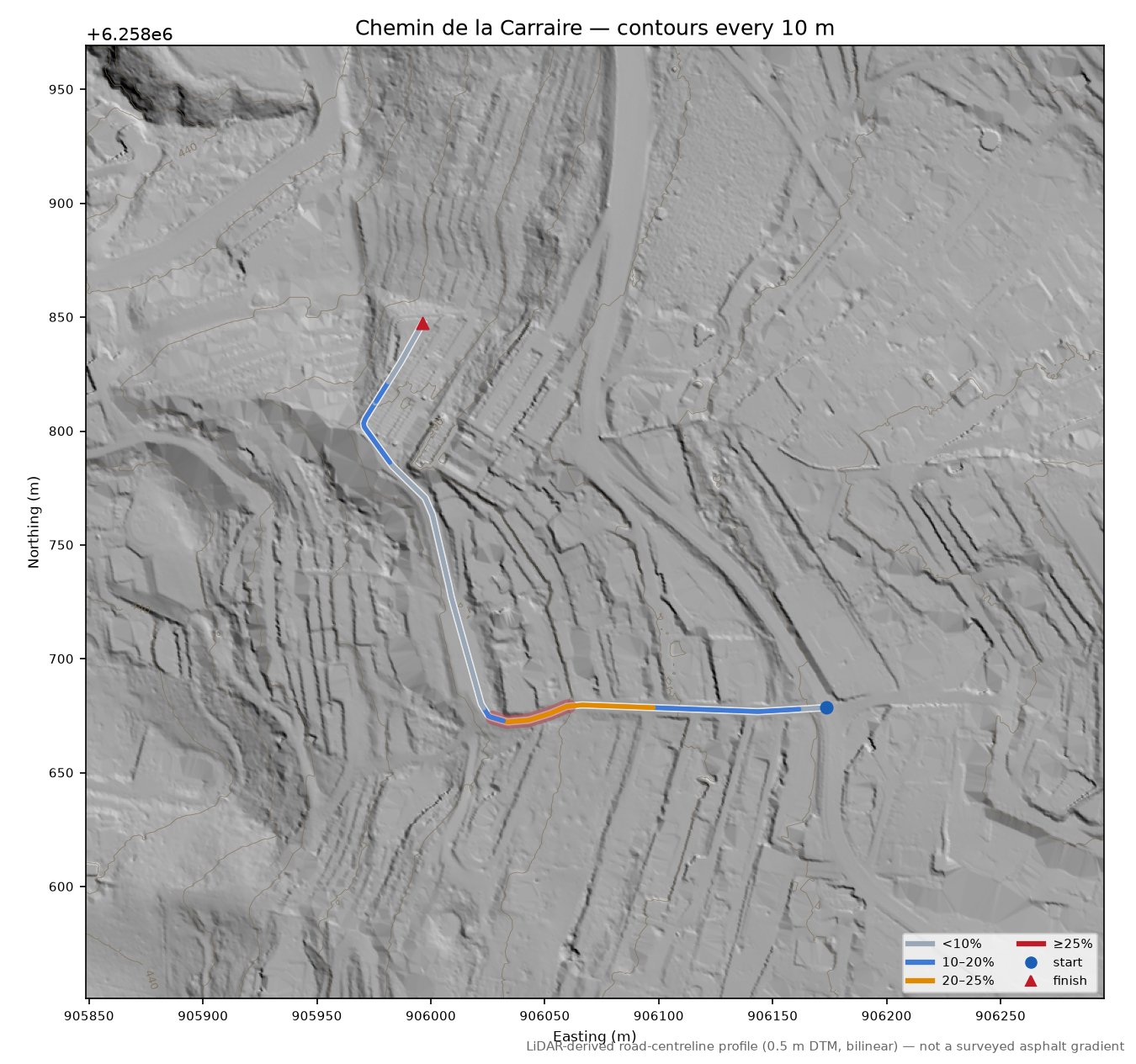 Chemin de la Carraire LiDAR hillshade map with contours