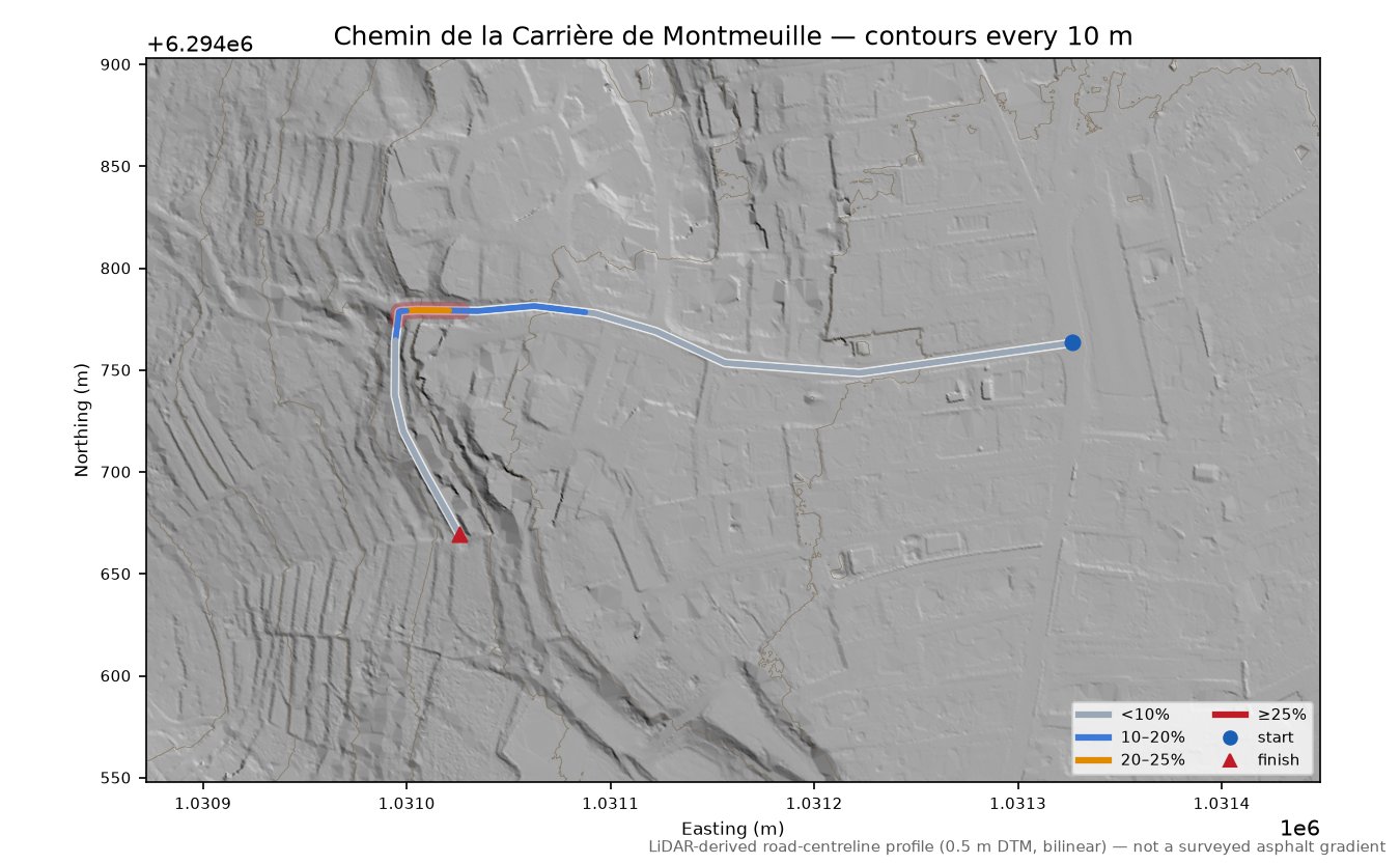Chemin de la Carrière de Montmeuille LiDAR hillshade map with contours