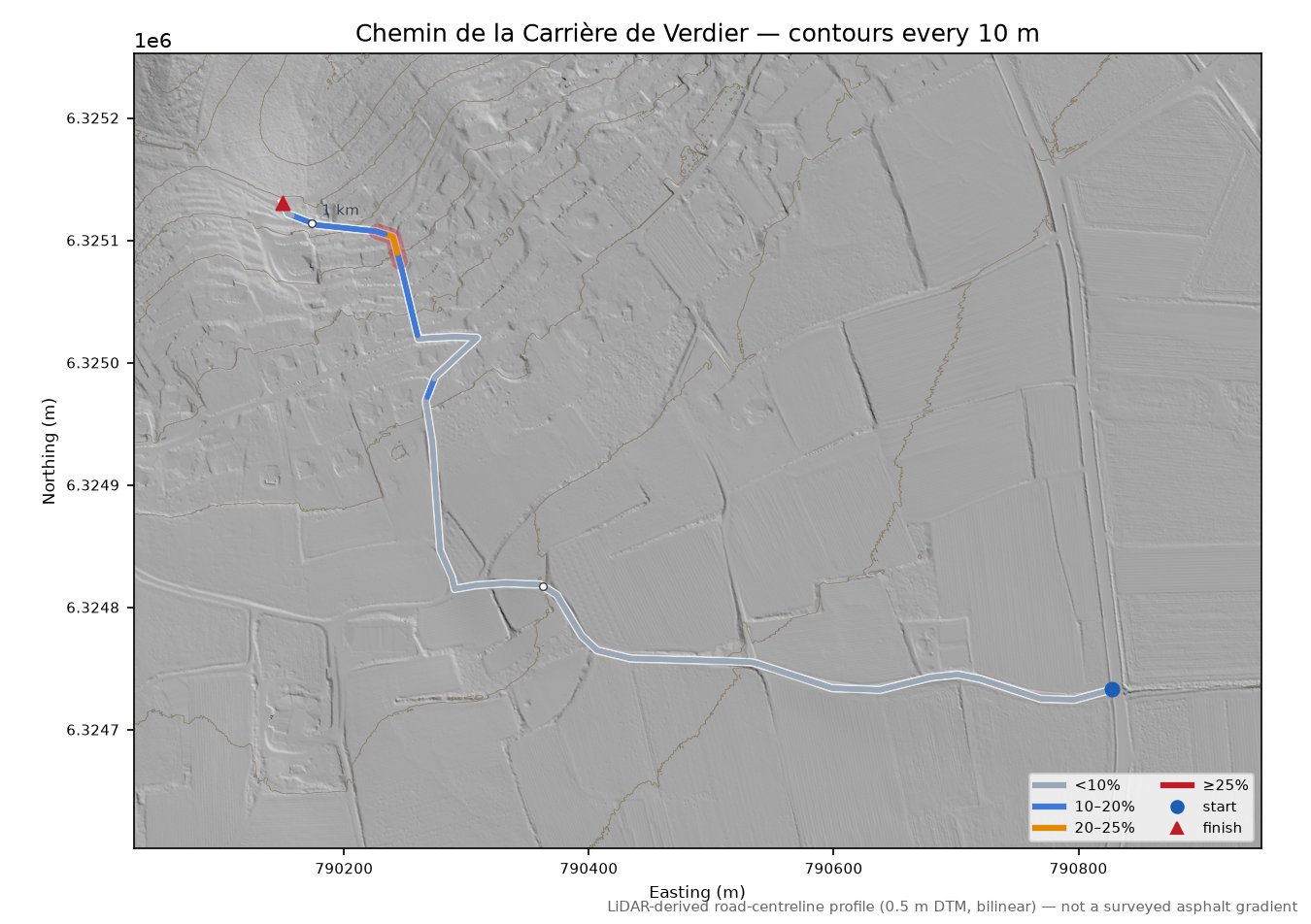Chemin de la Carrière de Verdier LiDAR hillshade map with contours