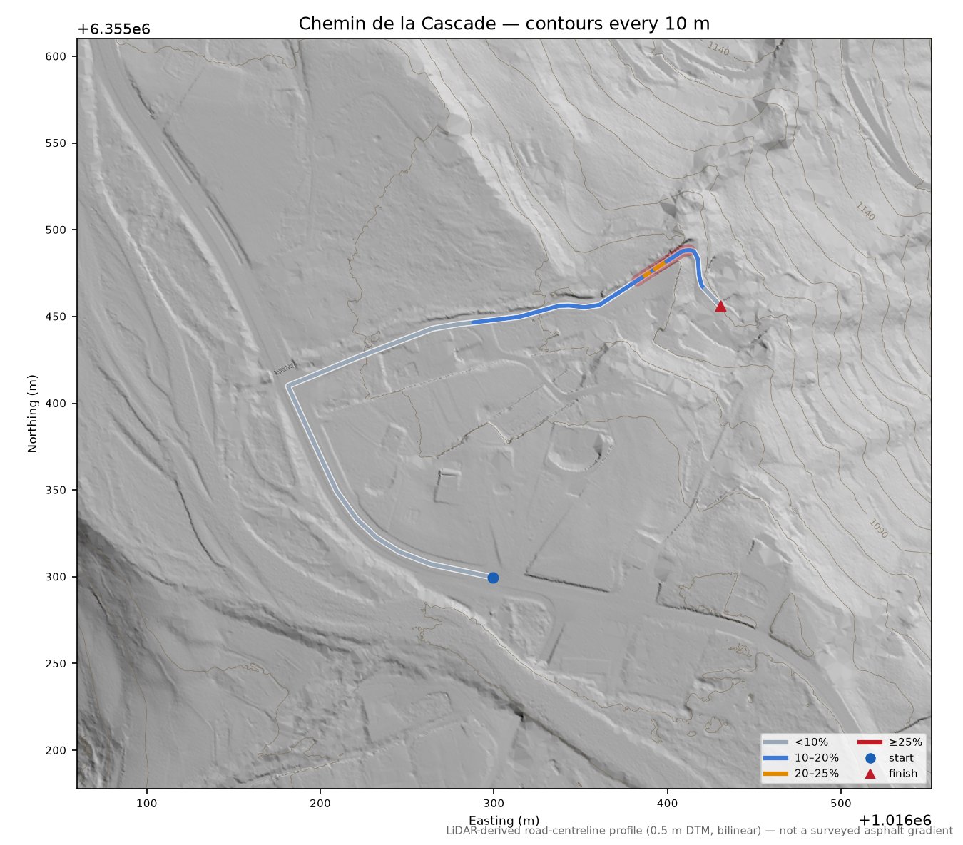 Chemin de la Cascade LiDAR hillshade map with contours