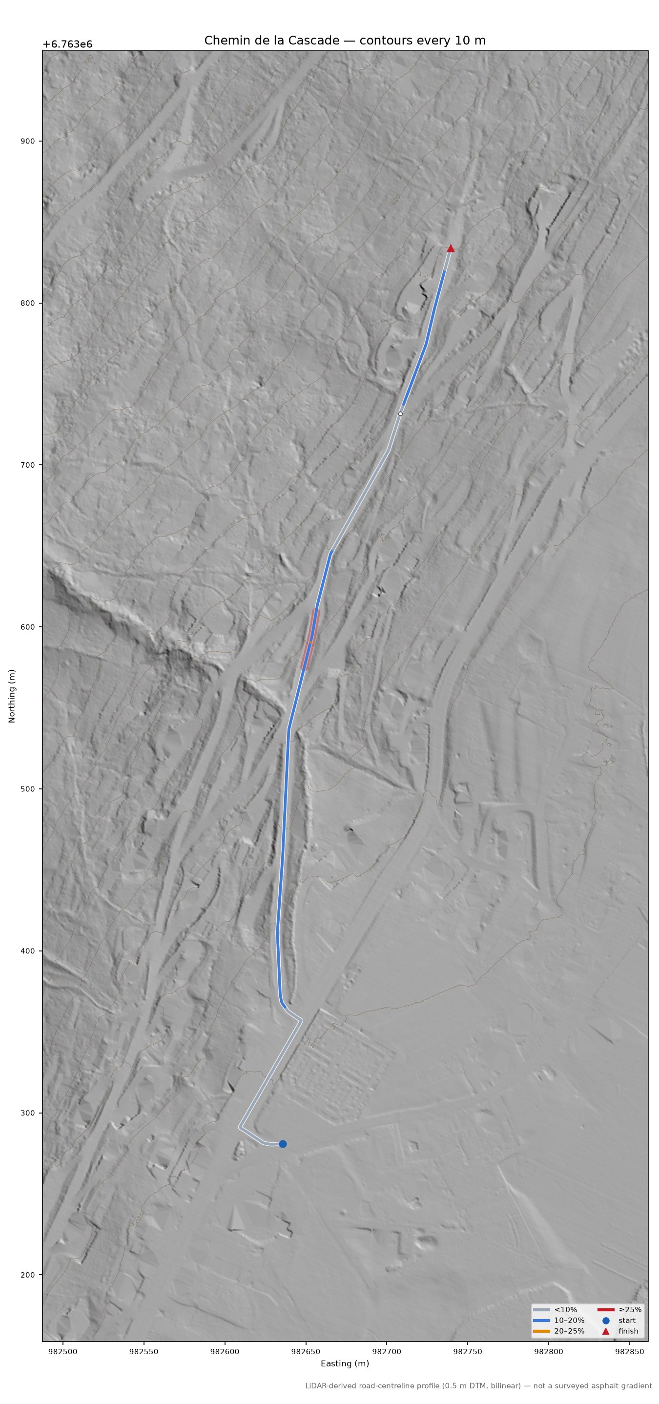 Chemin de la Cascade LiDAR hillshade map with contours