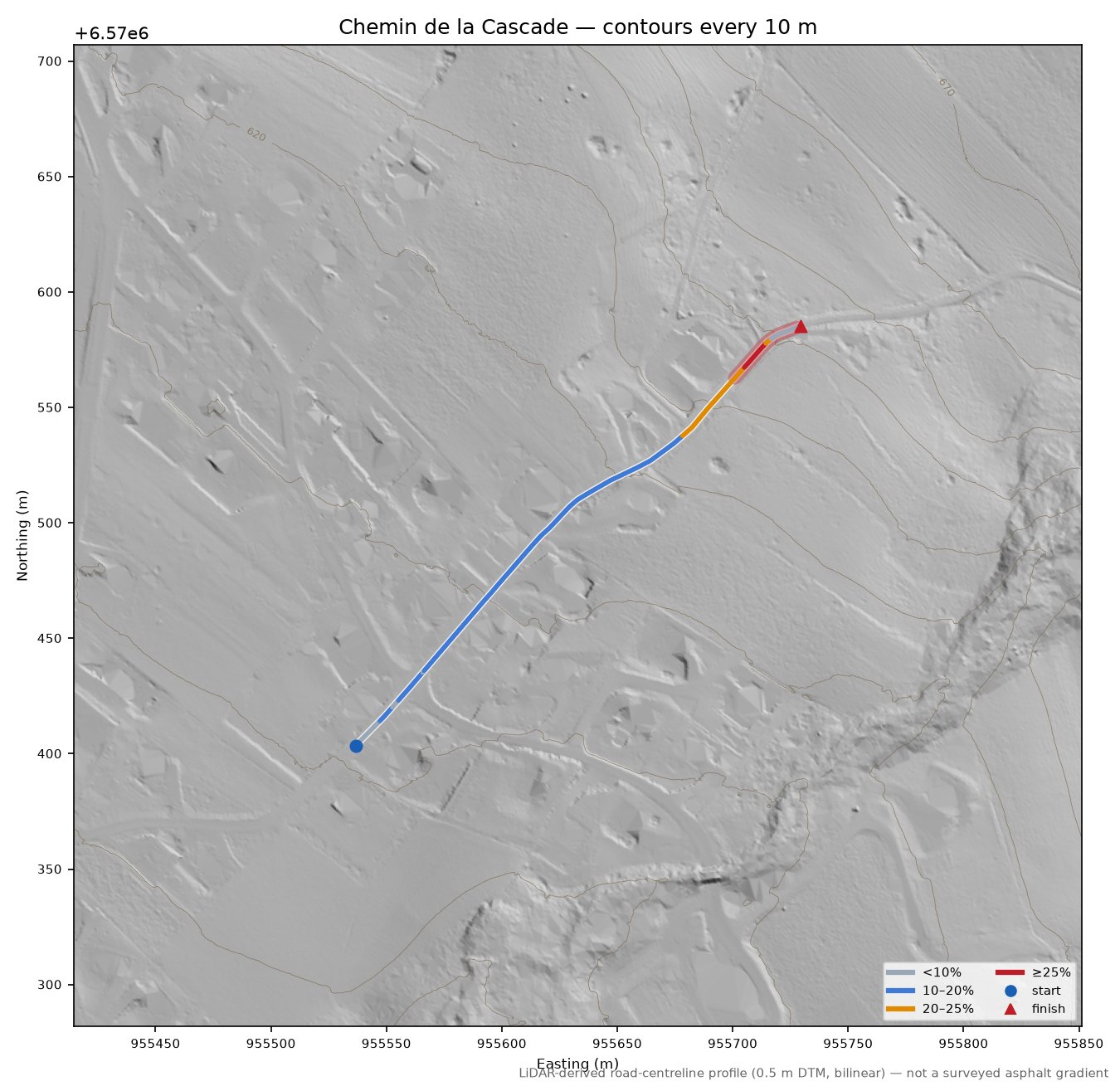 Chemin de la Cascade LiDAR hillshade map with contours