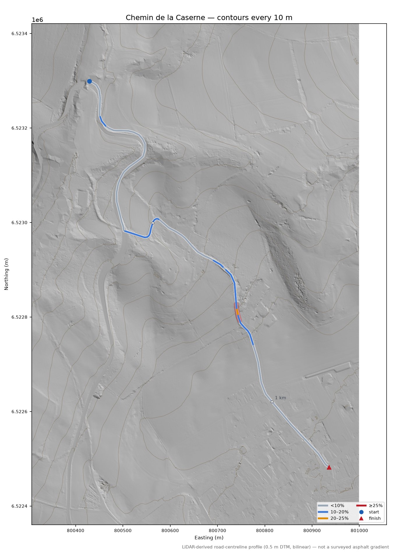 Chemin de la Caserne LiDAR hillshade map with contours