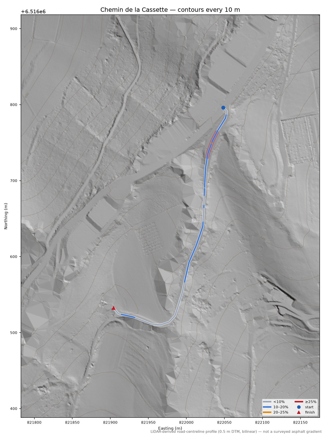 Chemin de la Cassette LiDAR hillshade map with contours