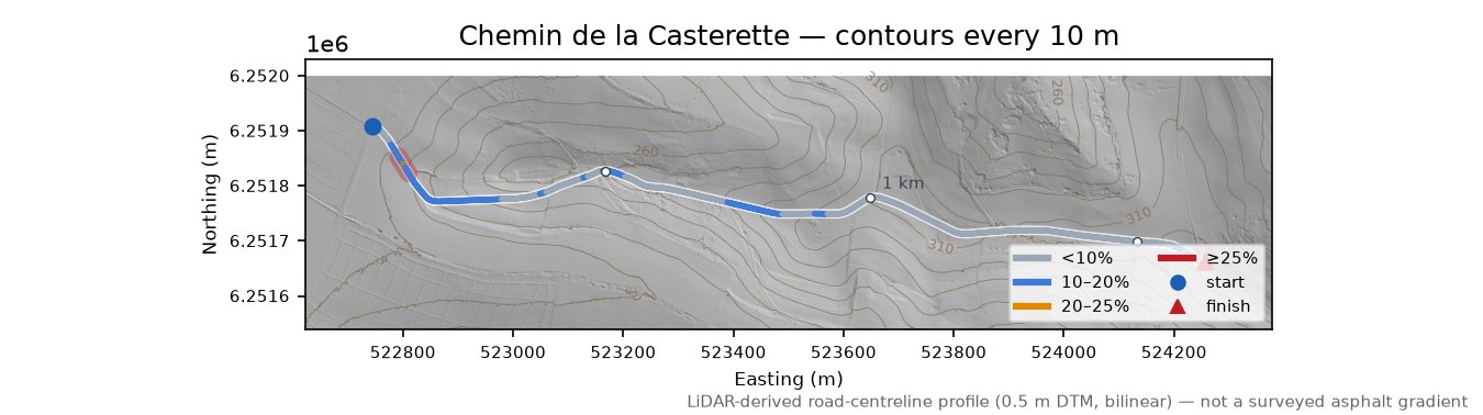 Chemin de la Casterette LiDAR hillshade map with contours