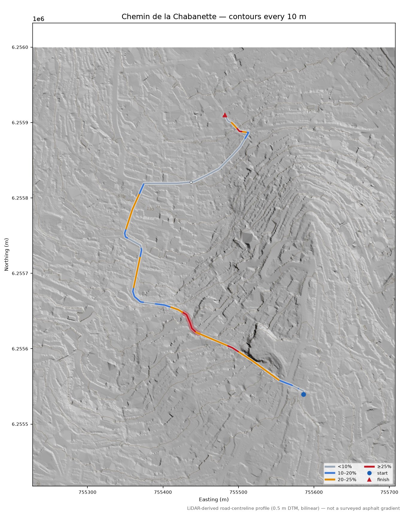 Chemin de la Chabanette LiDAR hillshade map with contours