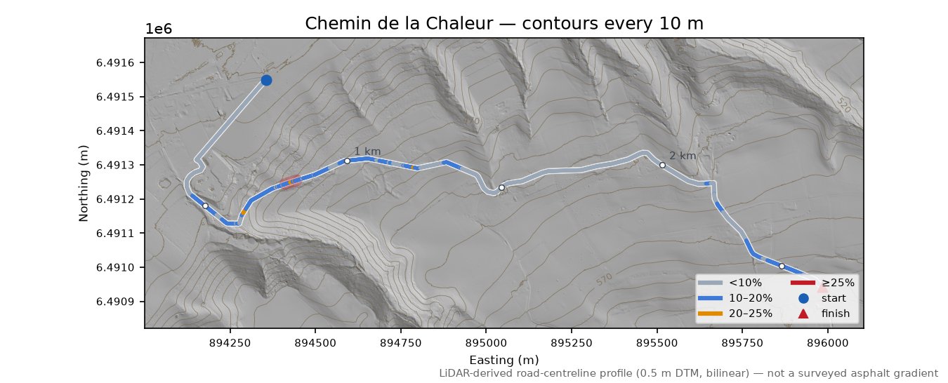 Chemin de la Chaleur LiDAR hillshade map with contours