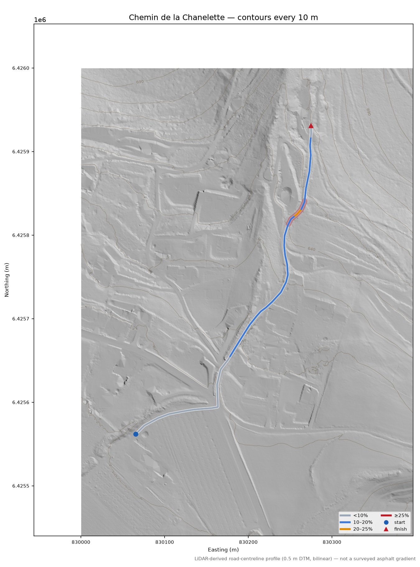 Chemin de la Chanelette LiDAR hillshade map with contours