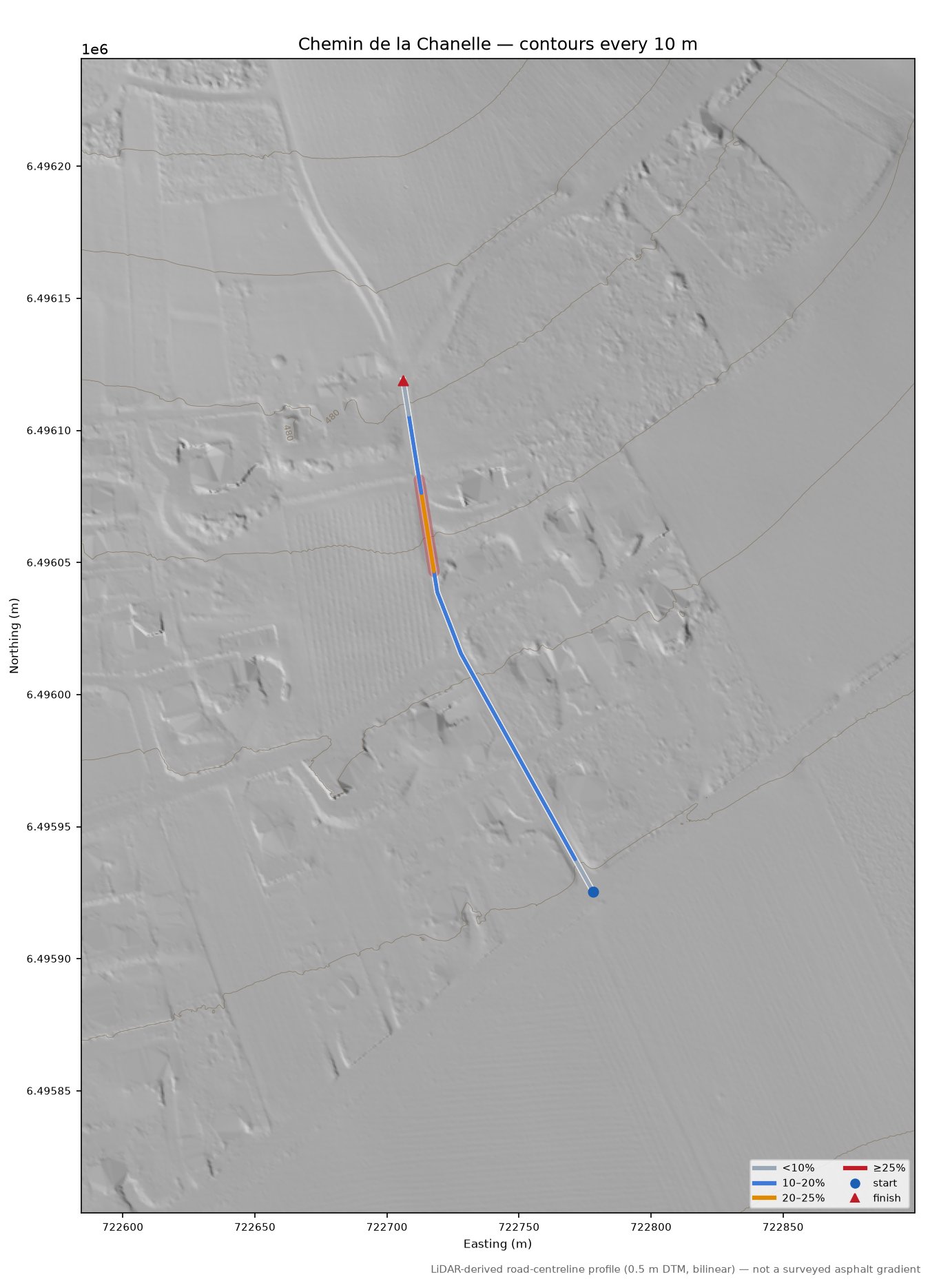 Chemin de la Chanelle LiDAR hillshade map with contours