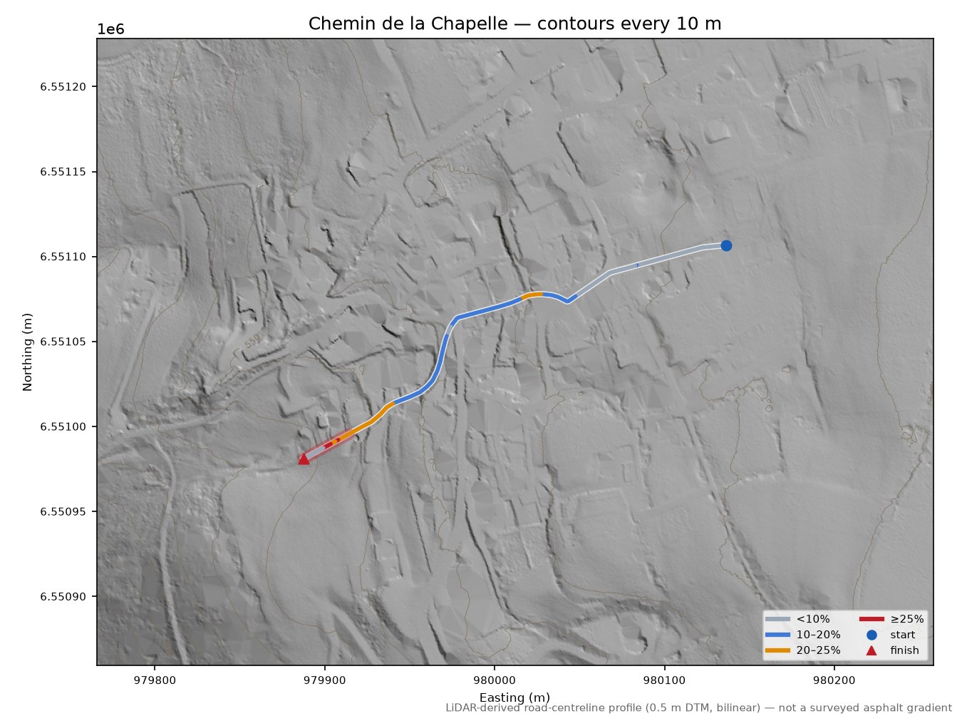 Chemin de la Chapelle LiDAR hillshade map with contours