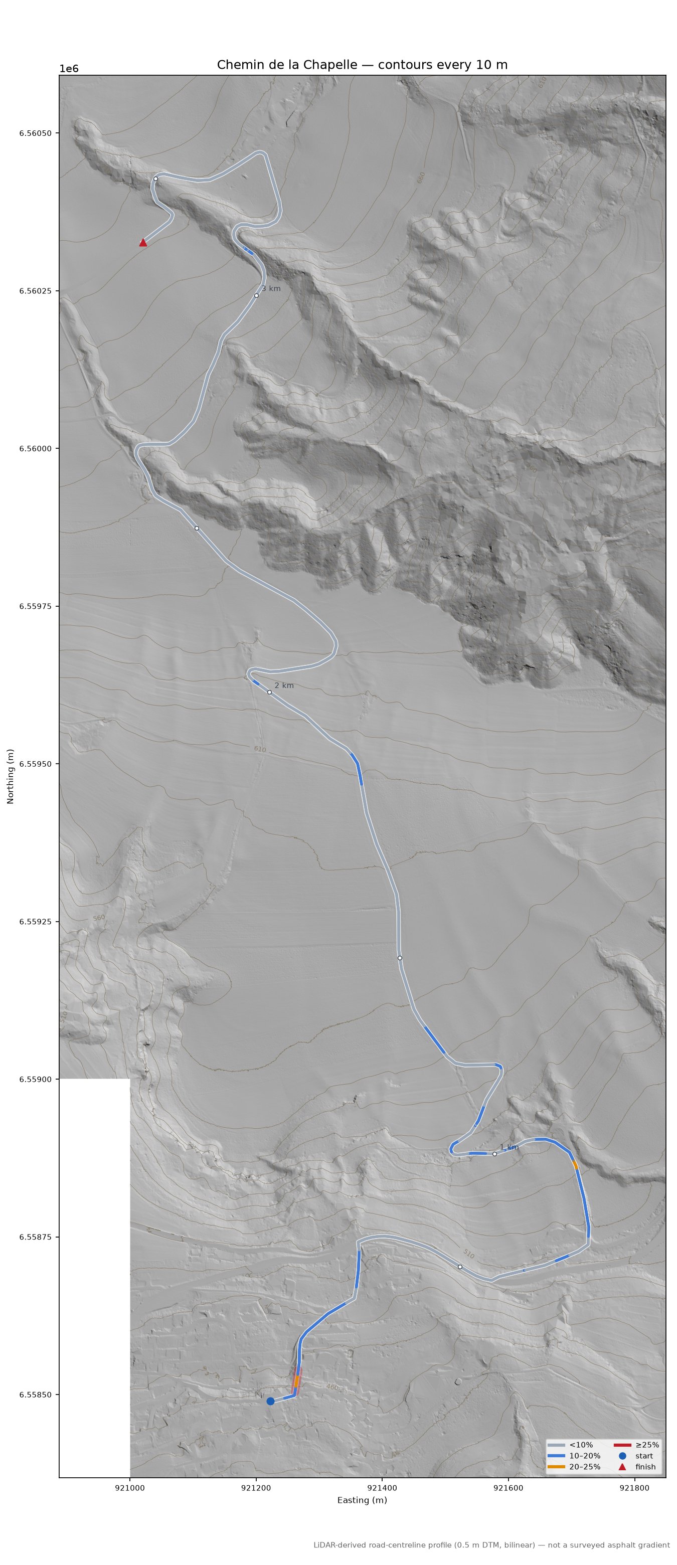 Chemin de la Chapelle LiDAR hillshade map with contours