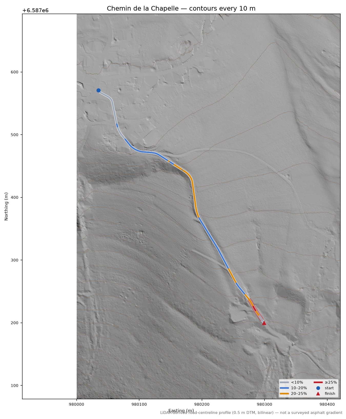 Chemin de la Chapelle LiDAR hillshade map with contours