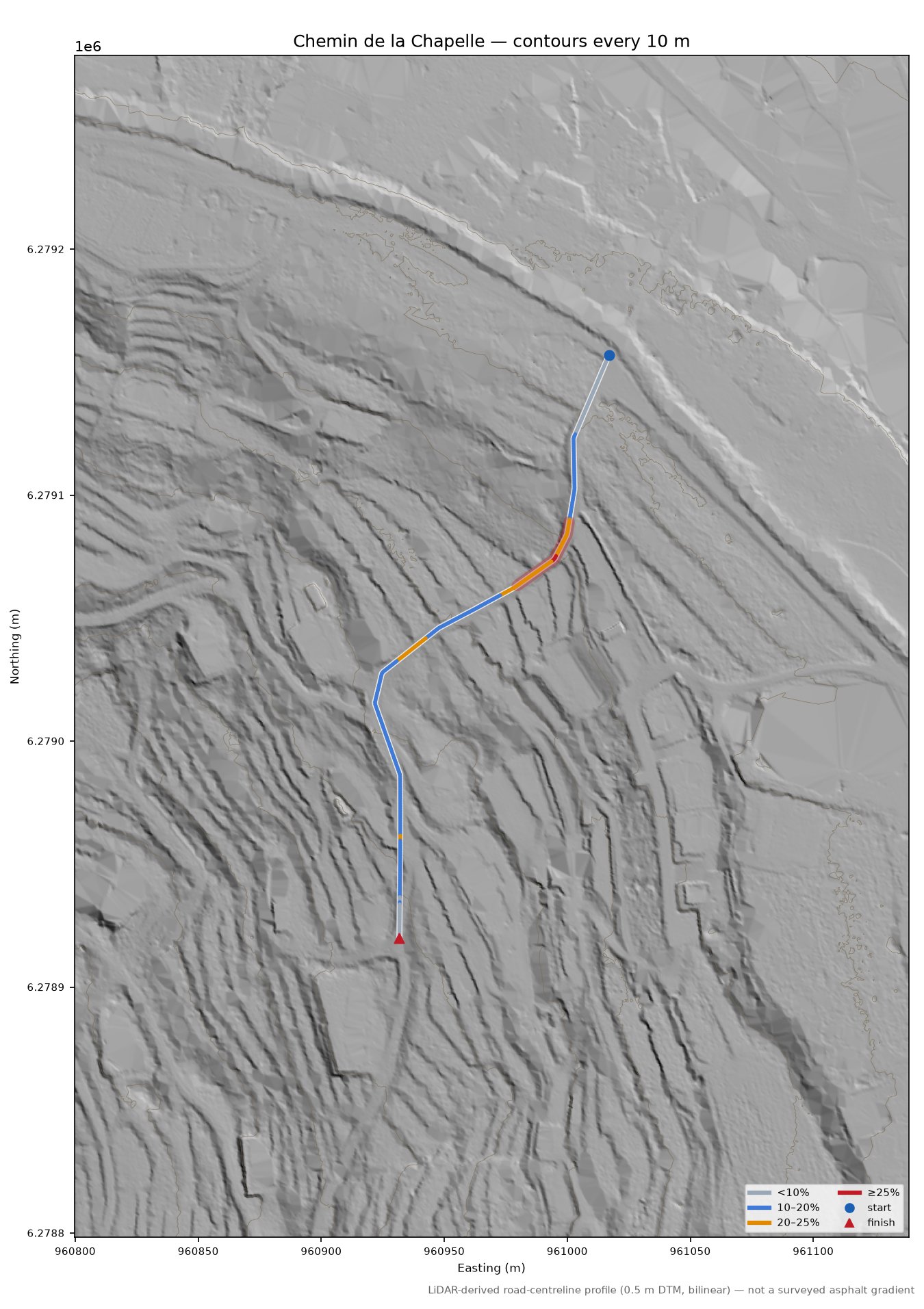 Chemin de la Chapelle LiDAR hillshade map with contours