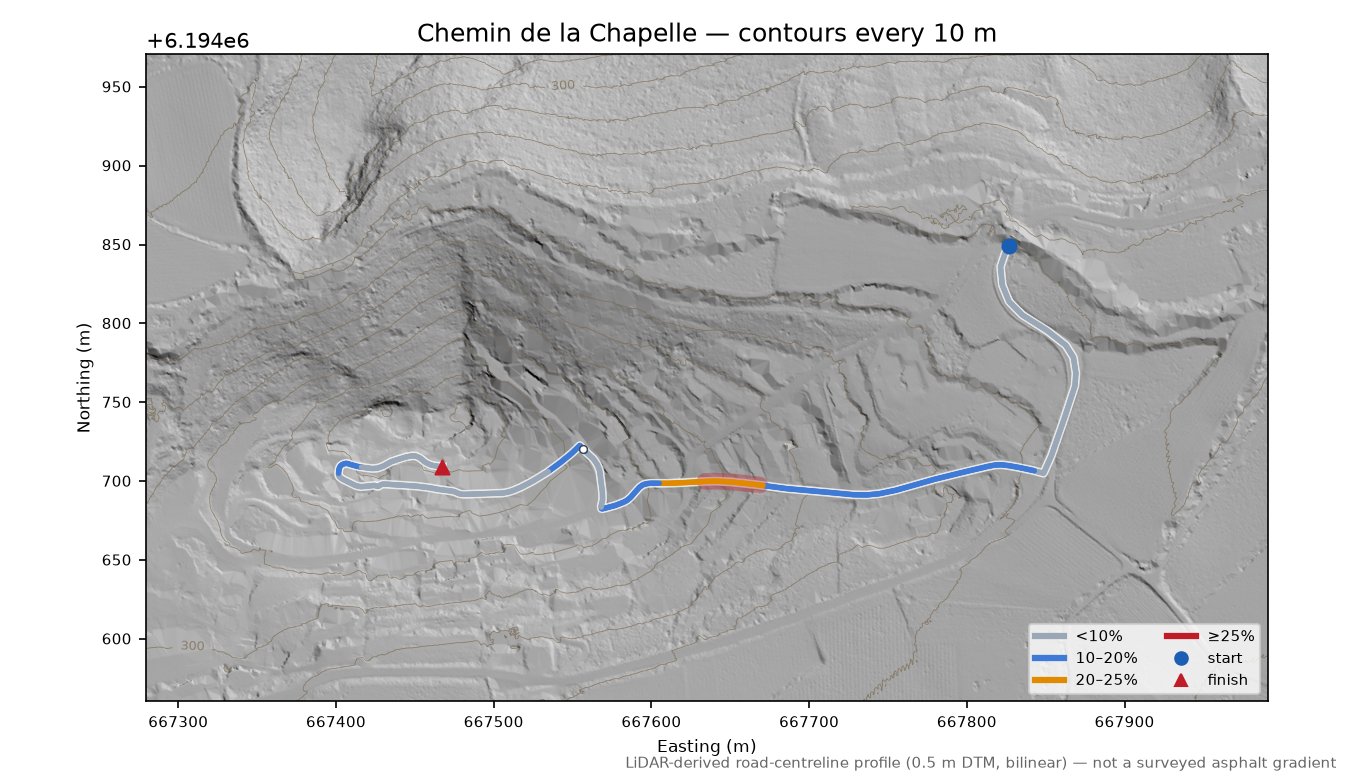 Chemin de la Chapelle LiDAR hillshade map with contours