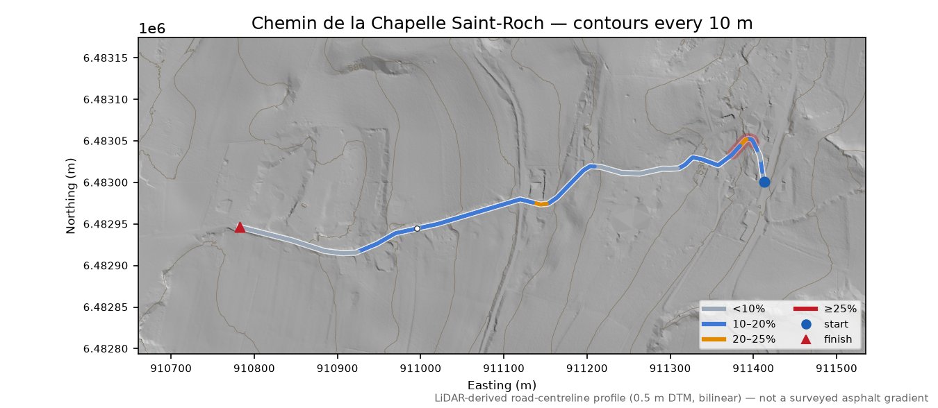 Chemin de la Chapelle Saint-Roch LiDAR hillshade map with contours