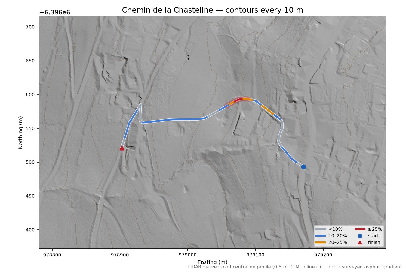 Chemin de la Chasteline LiDAR hillshade map with contours