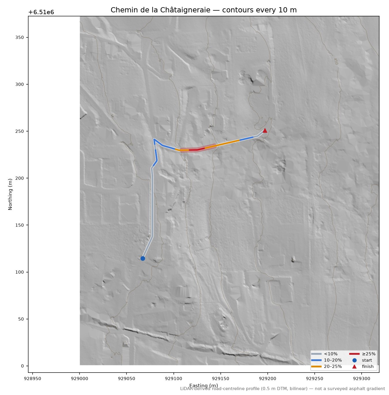 Chemin de la Châtaigneraie LiDAR hillshade map with contours
