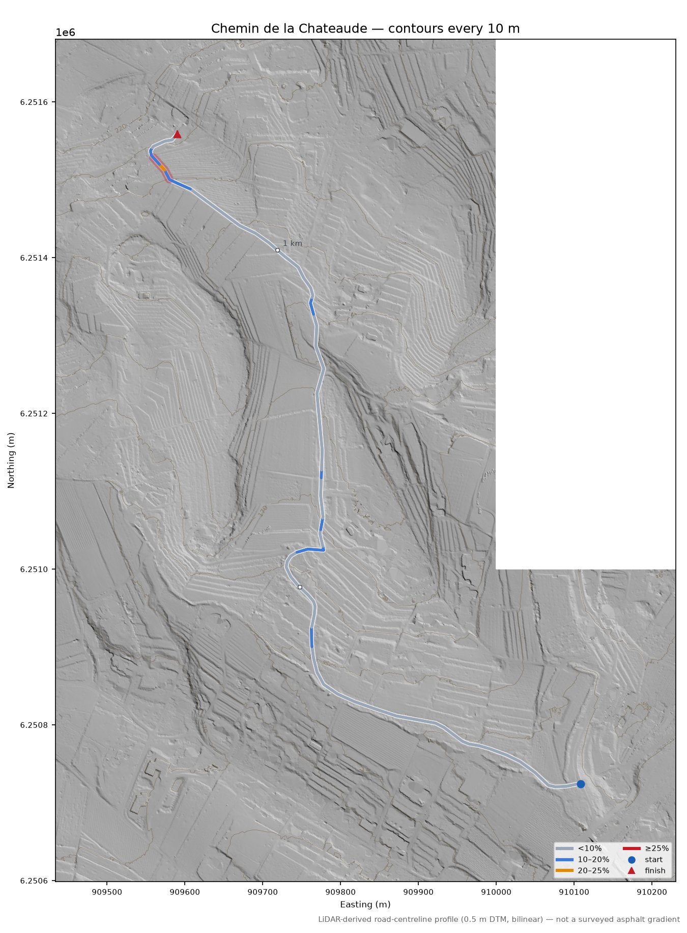 Chemin de la Chateaude LiDAR hillshade map with contours