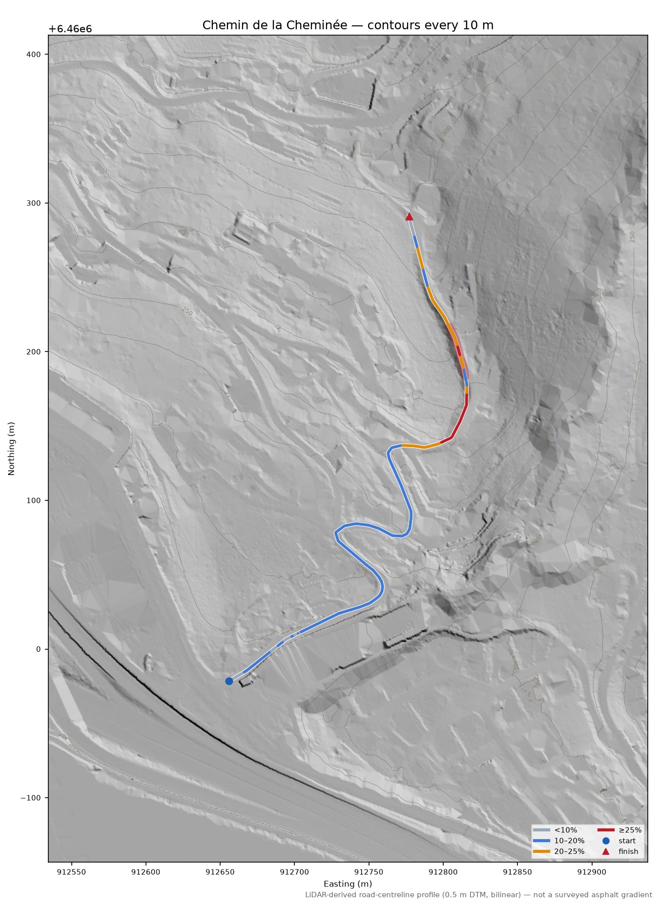 Chemin de la Cheminée LiDAR hillshade map with contours