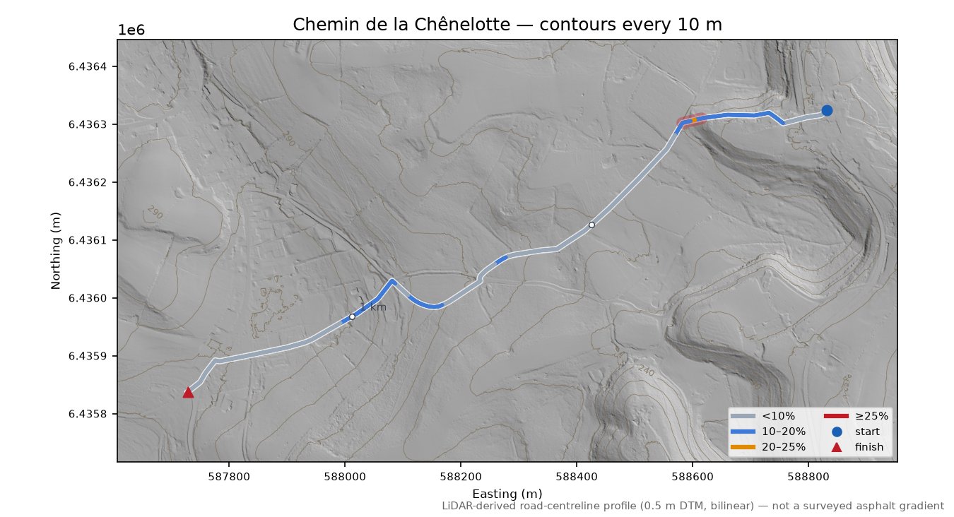 Chemin de la Chênelotte LiDAR hillshade map with contours