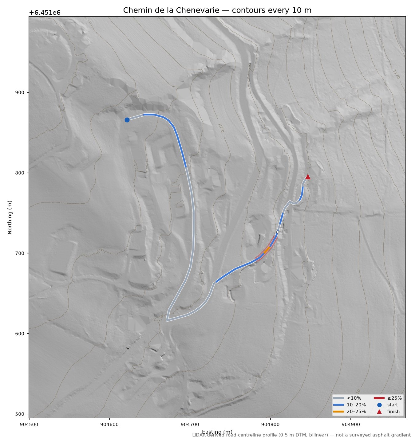 Chemin de la Chenevarie LiDAR hillshade map with contours