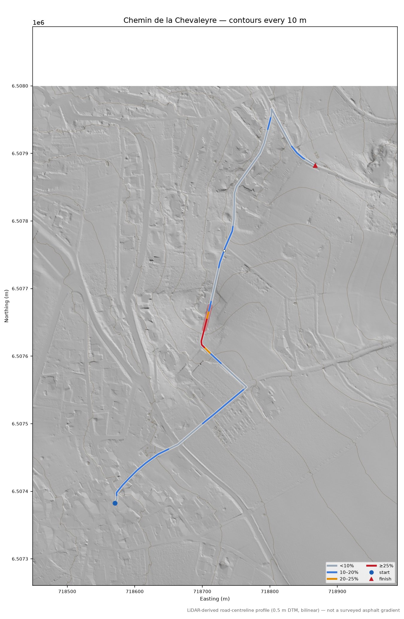Chemin de la Chevaleyre LiDAR hillshade map with contours
