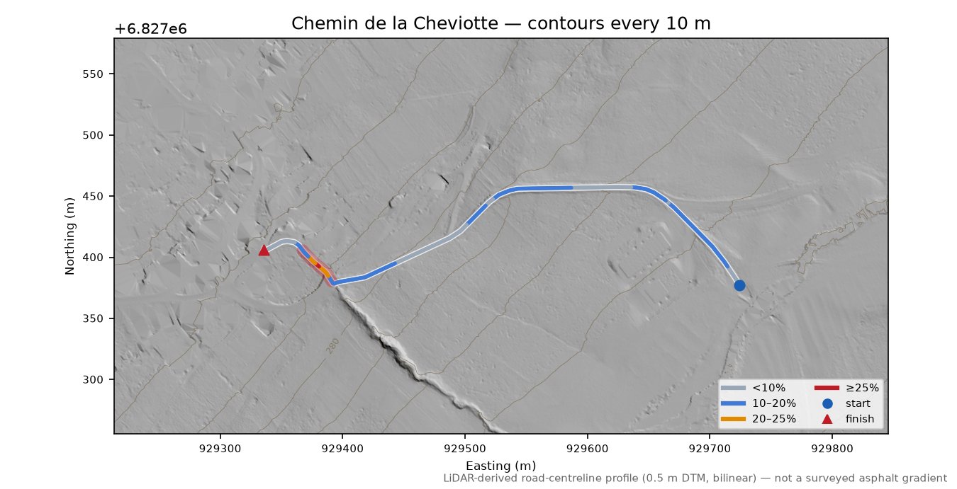 Chemin de la Cheviotte LiDAR hillshade map with contours