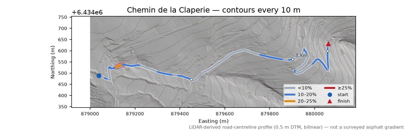 Chemin de la Claperie LiDAR hillshade map with contours