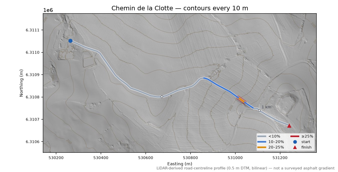 Chemin de la Clotte LiDAR hillshade map with contours