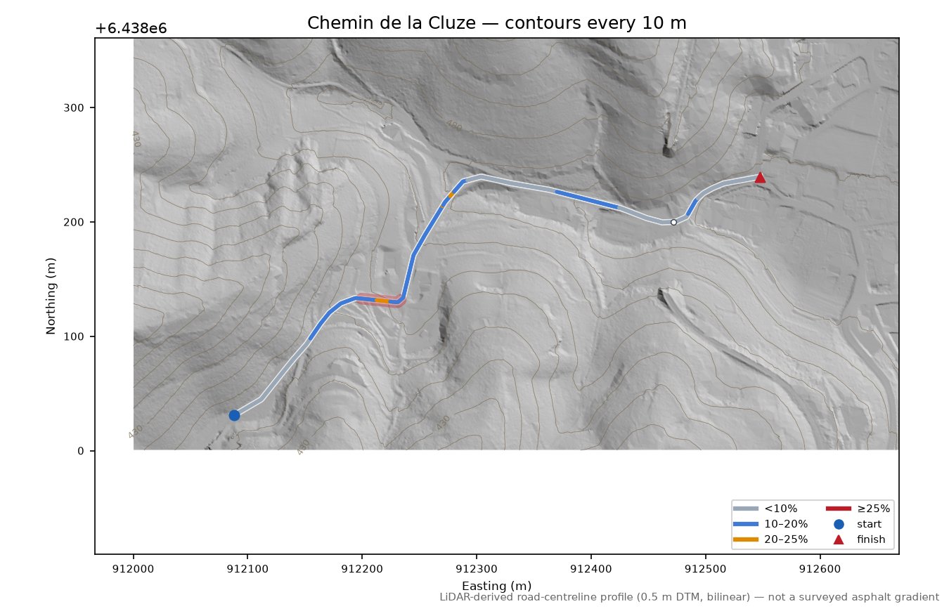 Chemin de la Cluze LiDAR hillshade map with contours