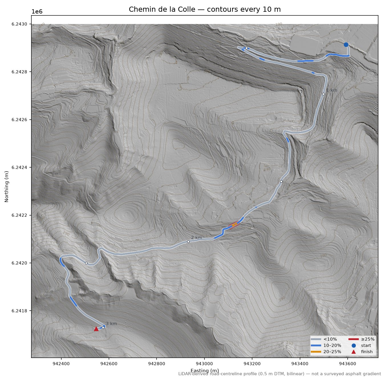 Chemin de la Colle LiDAR hillshade map with contours