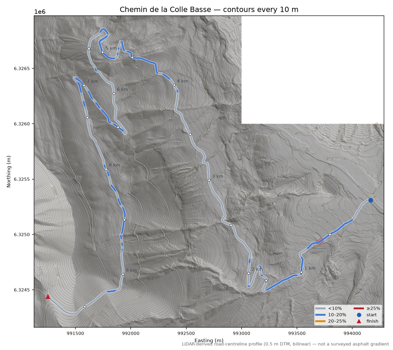 Chemin de la Colle Basse LiDAR hillshade map with contours