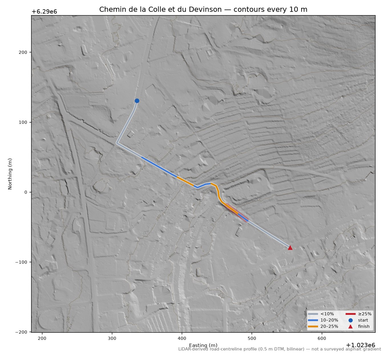 Chemin de la Colle et du Devinson LiDAR hillshade map with contours