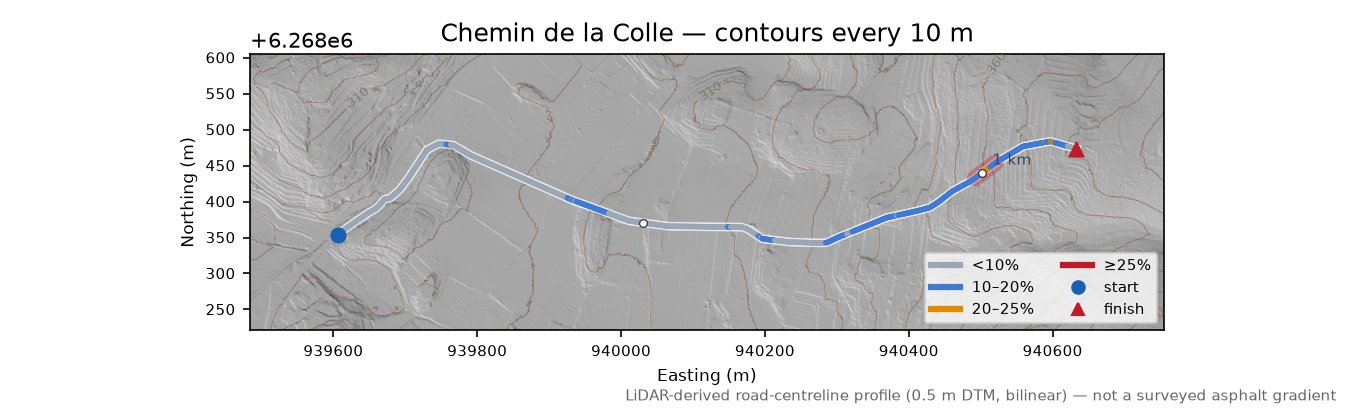 Chemin de la Colle LiDAR hillshade map with contours