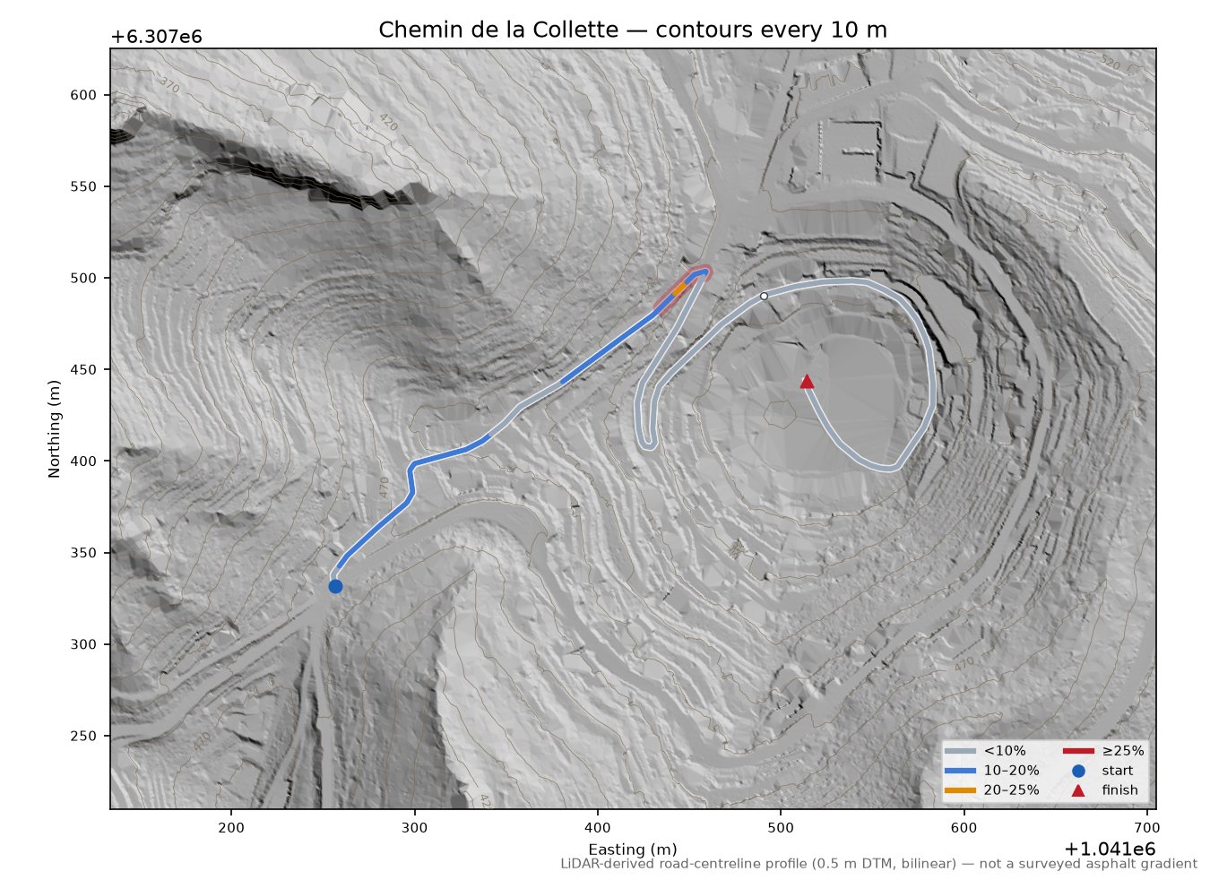 Chemin de la Collette LiDAR hillshade map with contours