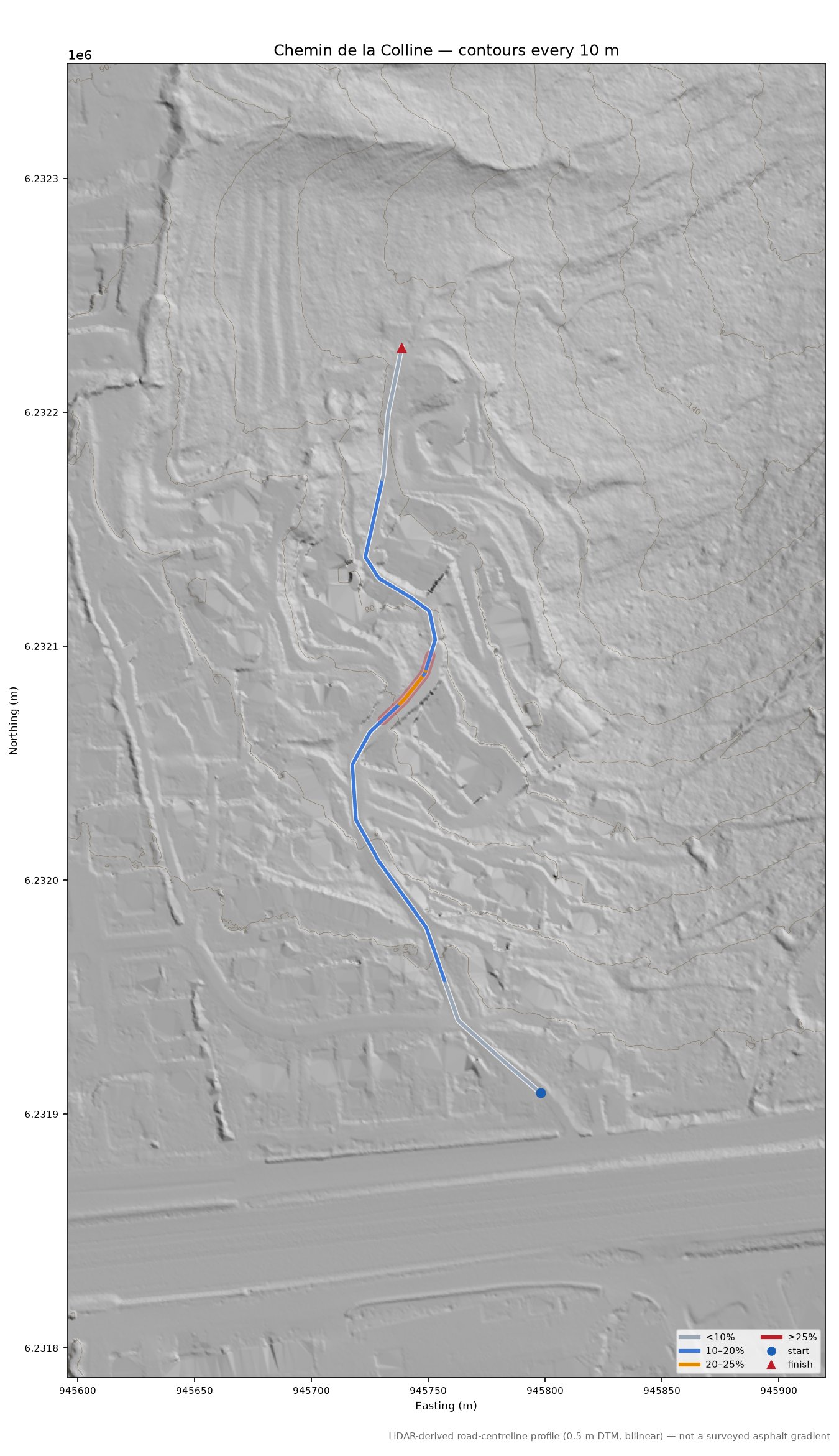 Chemin de la Colline LiDAR hillshade map with contours