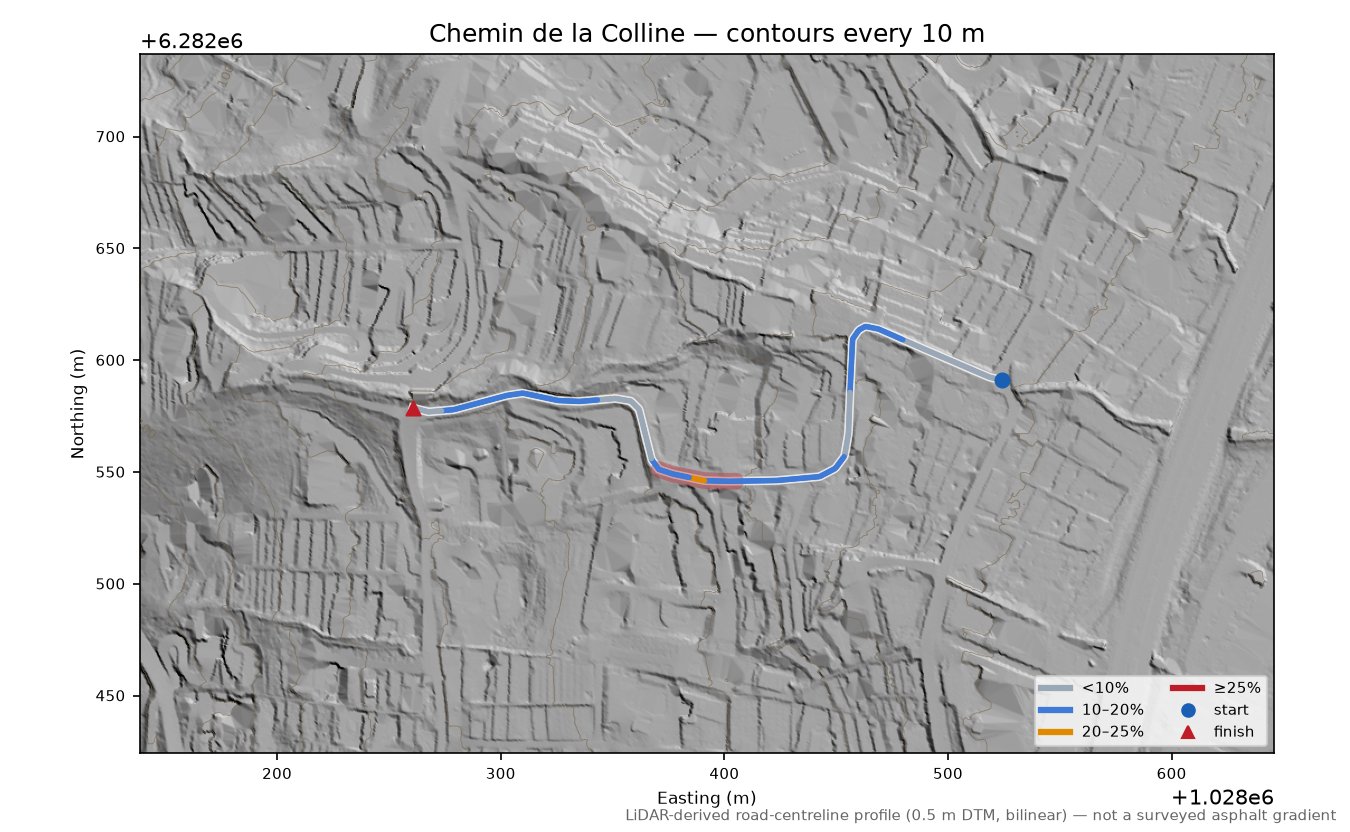 Chemin de la Colline LiDAR hillshade map with contours