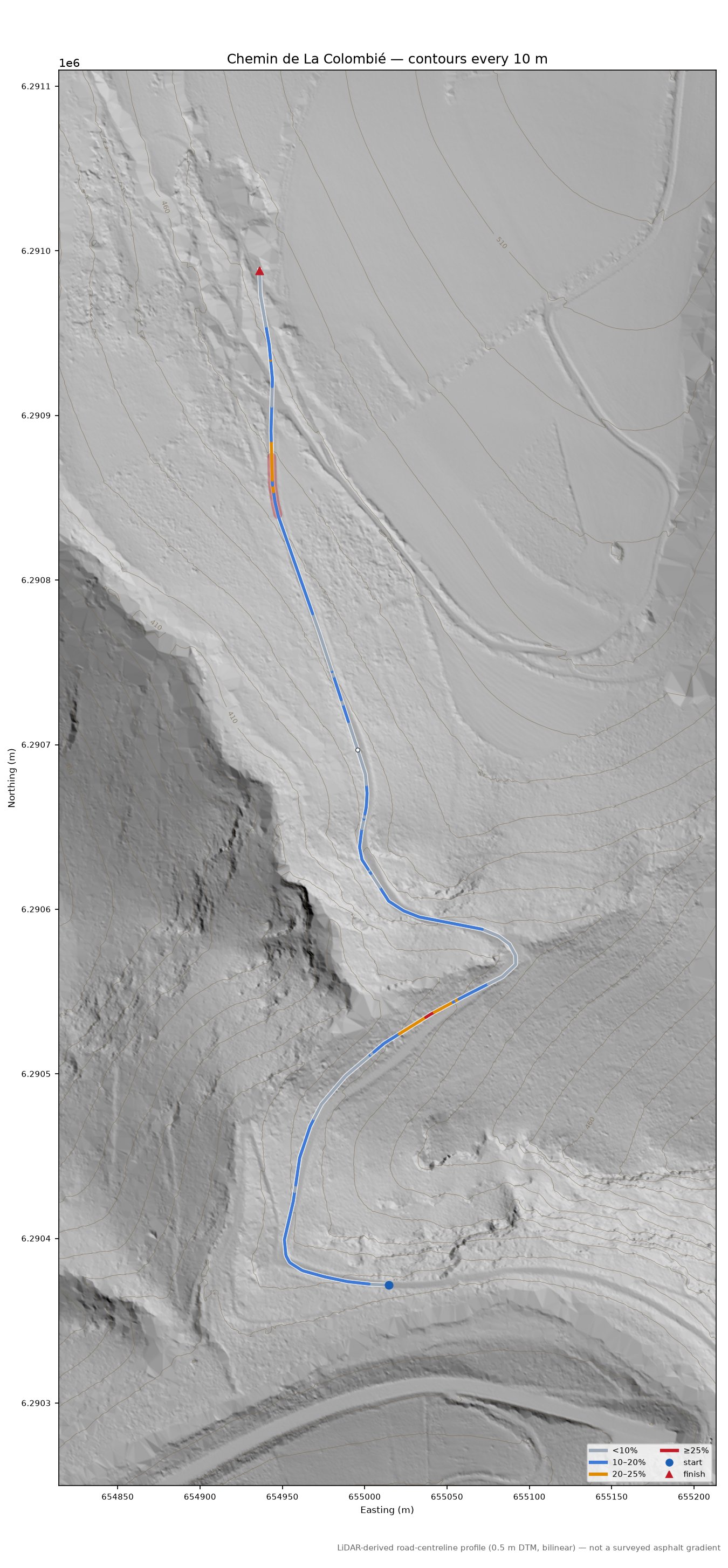 Chemin de La Colombié LiDAR hillshade map with contours