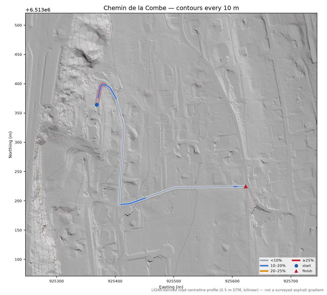 Chemin de la Combe LiDAR hillshade map with contours