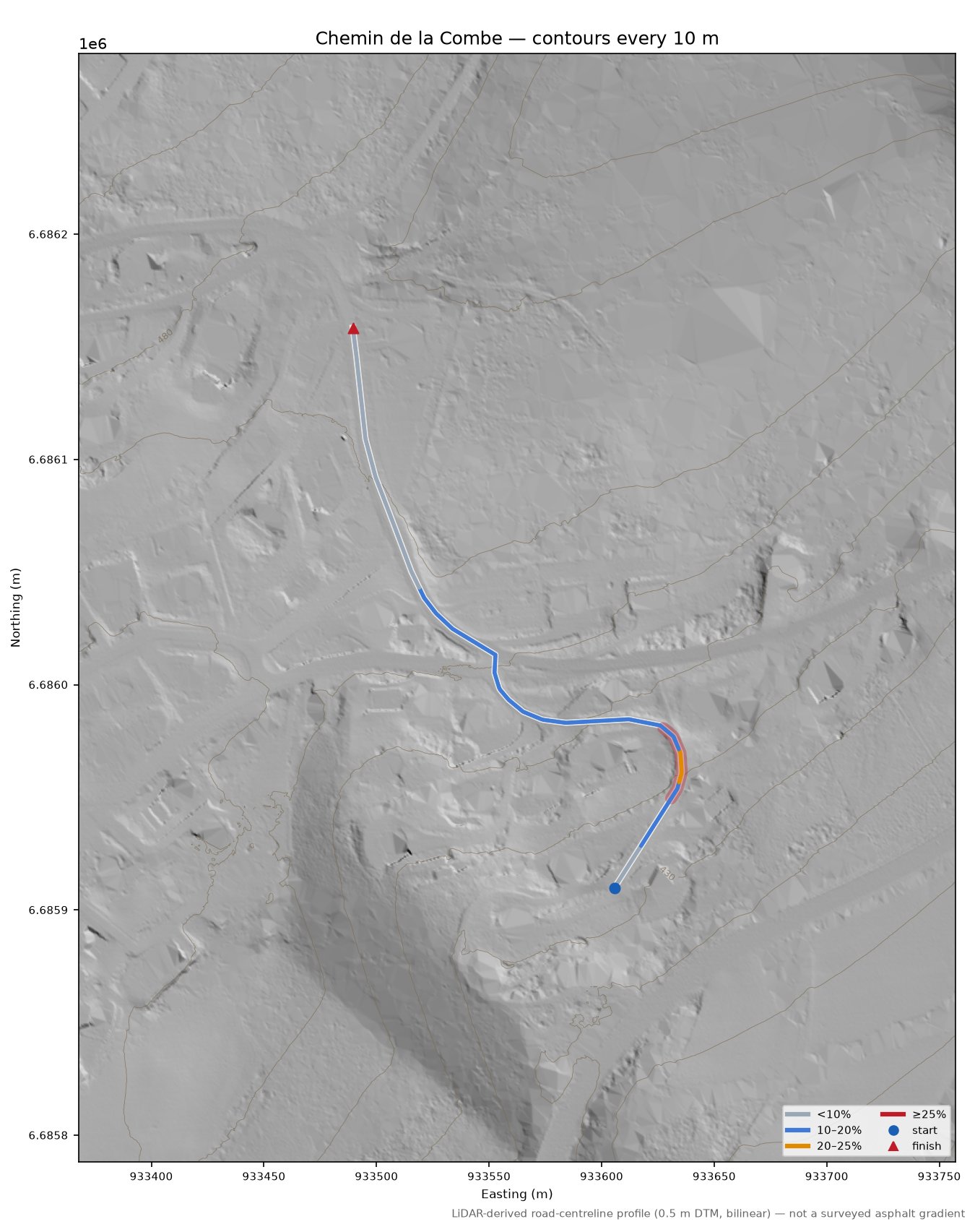 Chemin de la Combe LiDAR hillshade map with contours