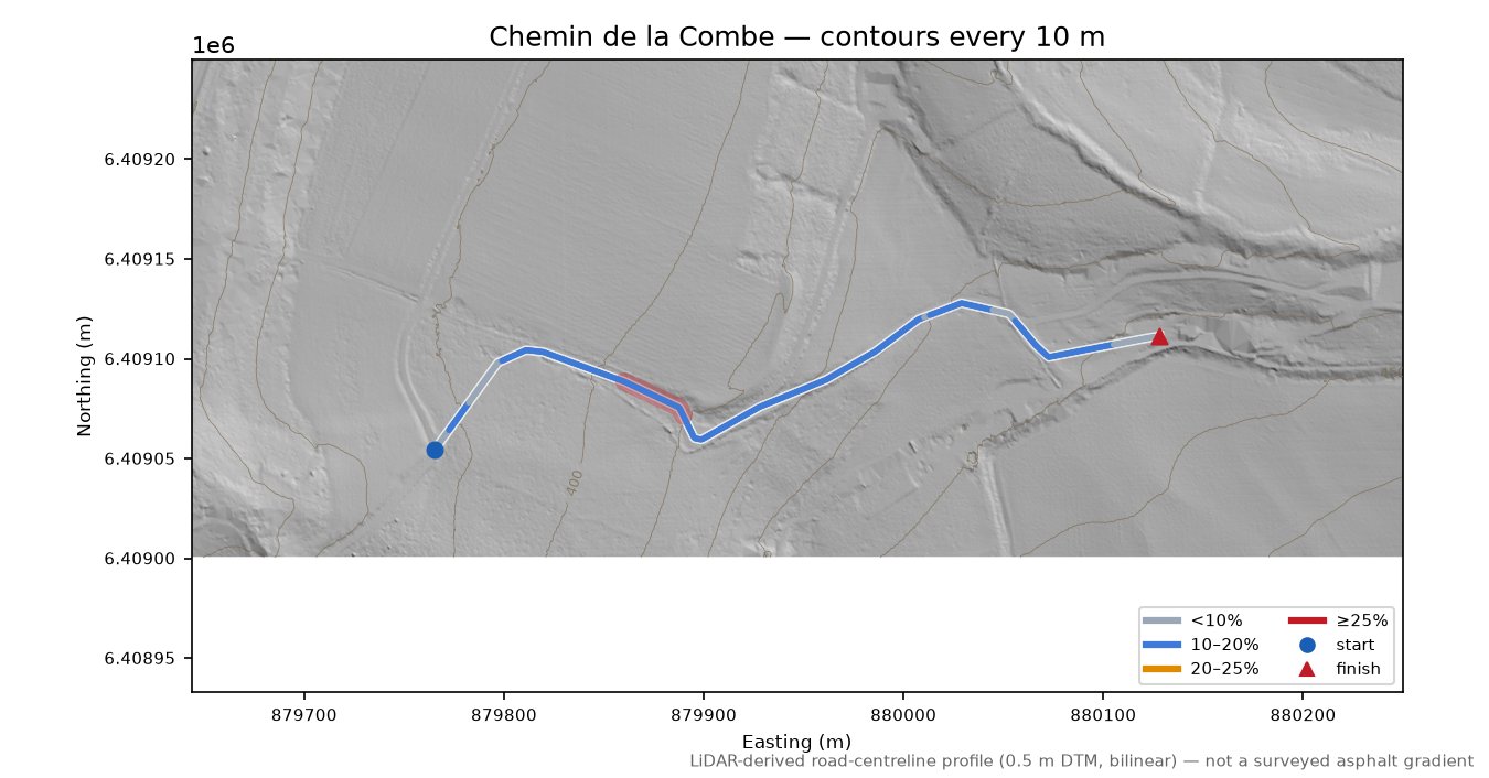 Chemin de la Combe LiDAR hillshade map with contours