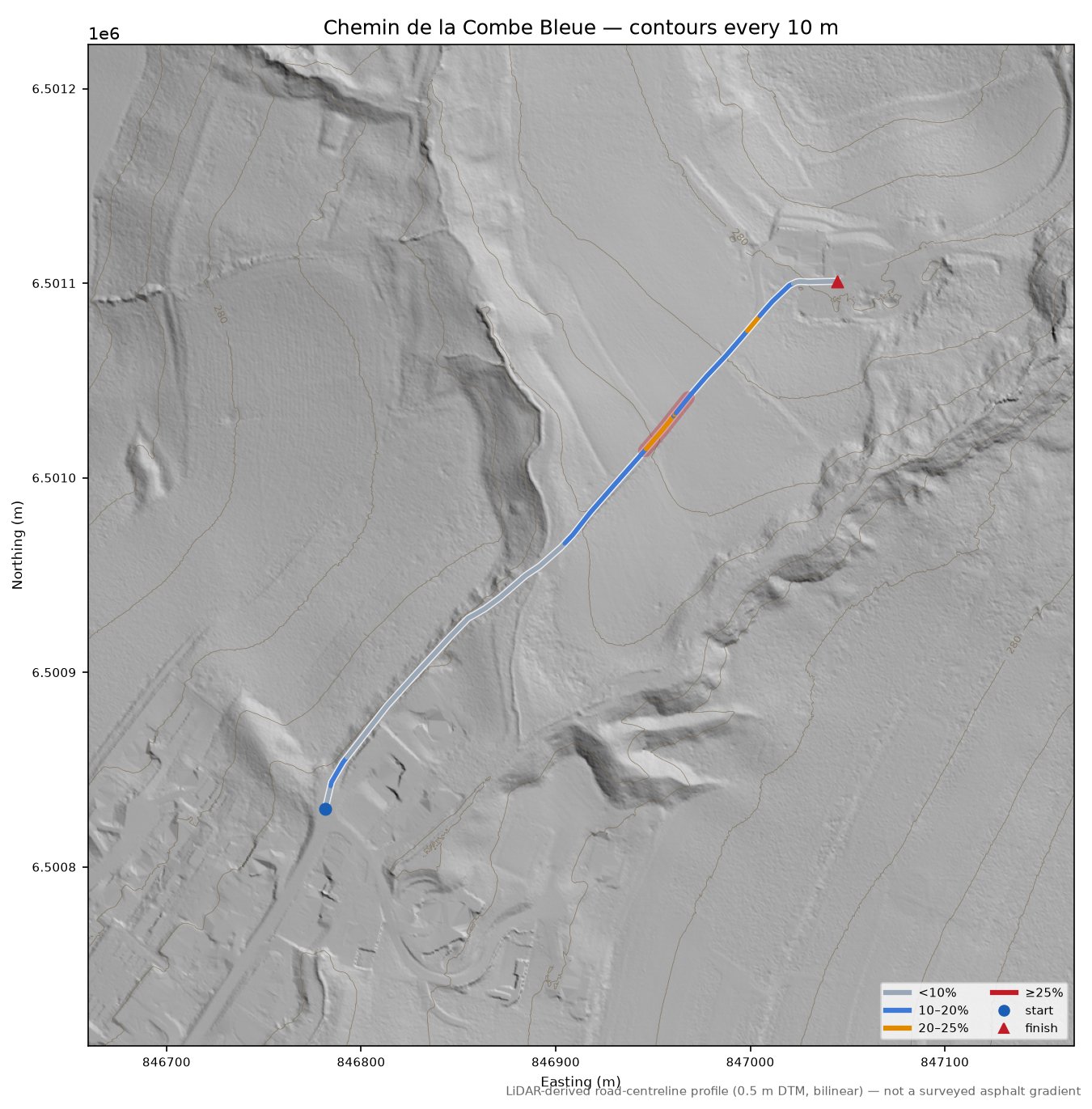 Chemin de la Combe Bleue LiDAR hillshade map with contours